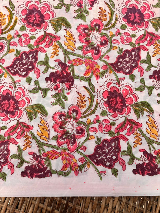 White Floral Handblock Cotton Fabric – Gulmohar Collection