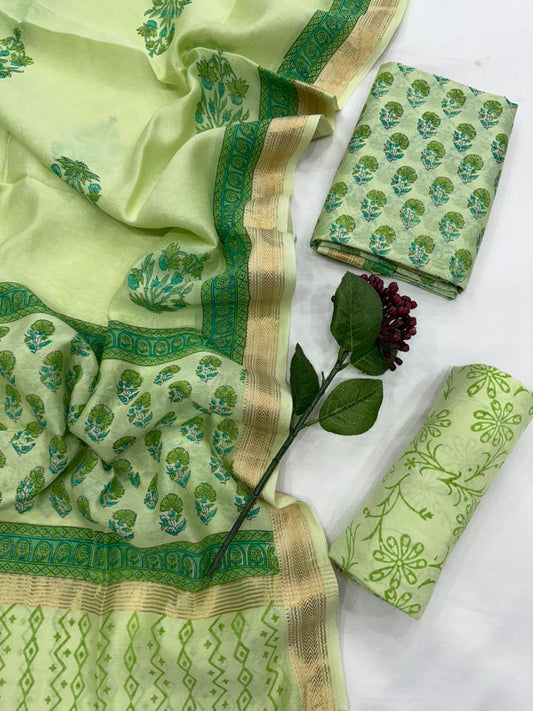 VAISHALI - 3pc Maheshwari Silk Unstitched Bagru Print Dress Material