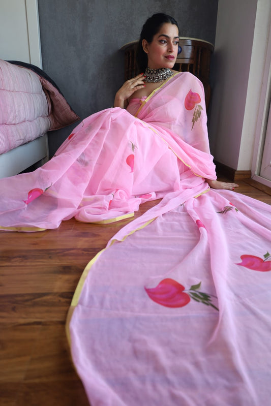 Ethereal Jaipur Chiffon Saree – Handpainted & Artisan-Made