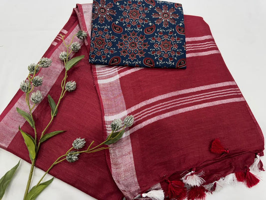 Jaipur Cotton Linen Saree – Classic Plain Workwear Style