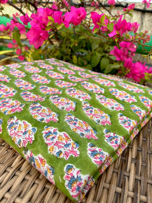 Green Handblock Cotton Fabric – Gulmohar Collection