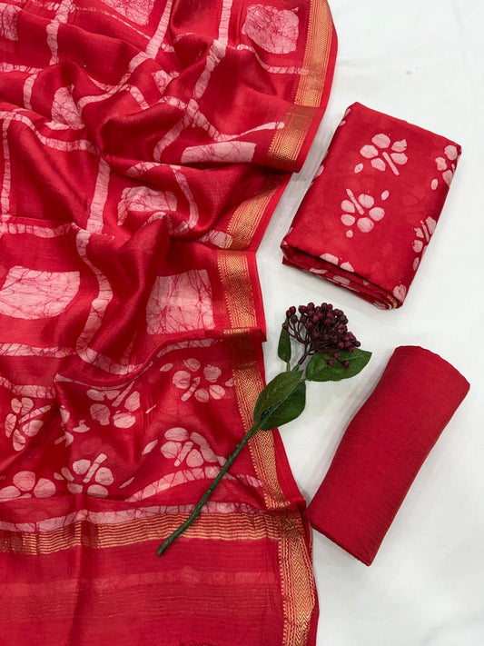 TISHA - 3pc Maheshwari Silk Unstitched Bagru Print Dress Material
