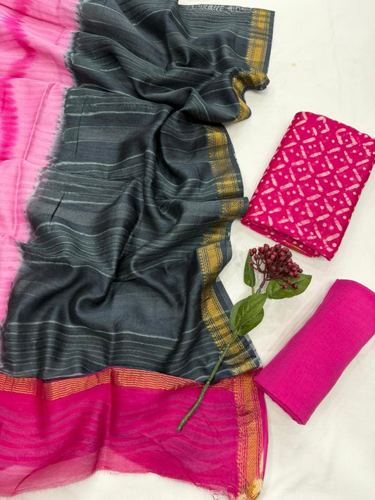DIVYA - 3pc Maheshwari Silk Unstitched Bagru Print Dress Material