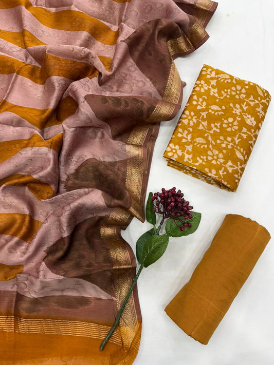 RADHA - 3pc Maheshwari Silk Unstitched Bagru Print Dress Material