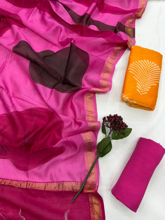 URVI - 3pc Maheshwari Silk Unstitched Bagru Print Dress Material