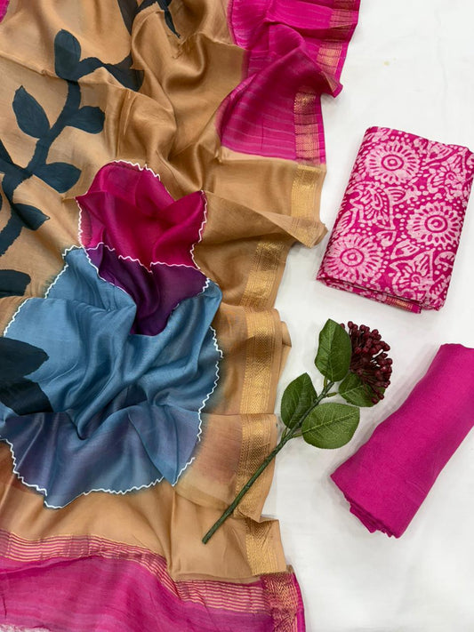 KALYANI - 3pc Maheshwari Silk Unstitched Bagru Print Dress Material