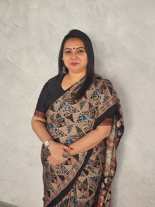 Handblock printed Ajrakh saree in natural indigo and madder red