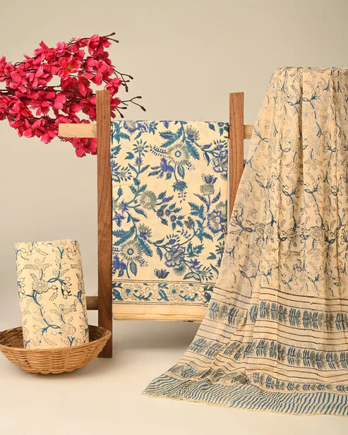 Pure Cotton Dress Material with Chiffon Dupatta 3pcs Cream Blue