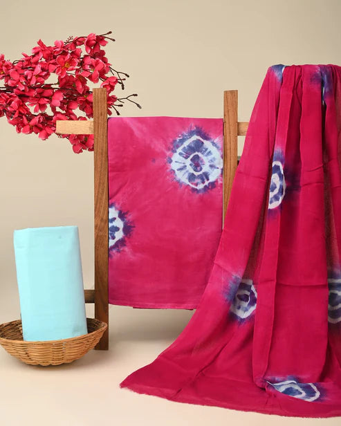 Pure Cotton Dress Material with Chiffon Dupatta 3pcs Fuschia