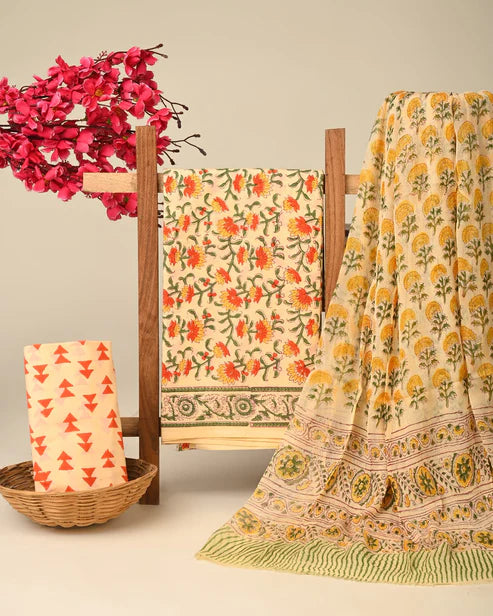 Pure Cotton Dress Material with Chiffon Dupatta 3pcs Yellow