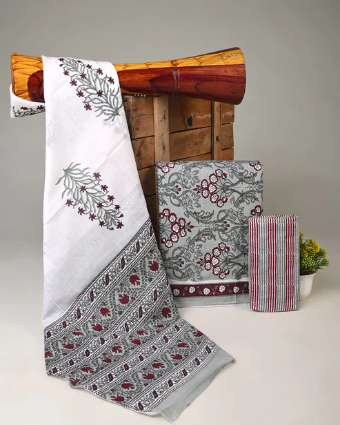 Pure Mulmul Cotton Dress Material 3pcs Grey