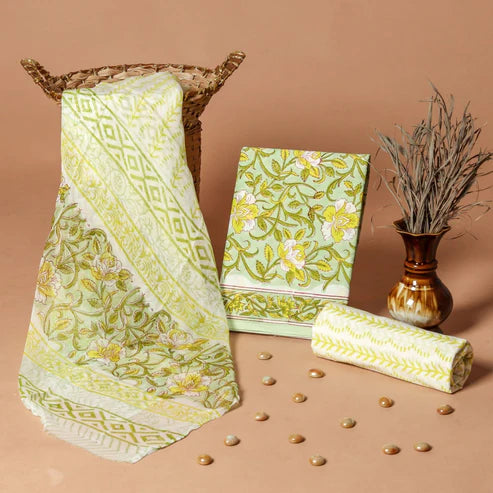 Pure Cotton Dress Material with Chiffon Dupatta 3pcs Lime Green