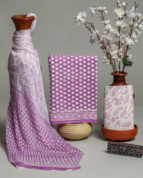 Pure Cotton Dress Material with Chiffon Dupatta 3pcs Purple