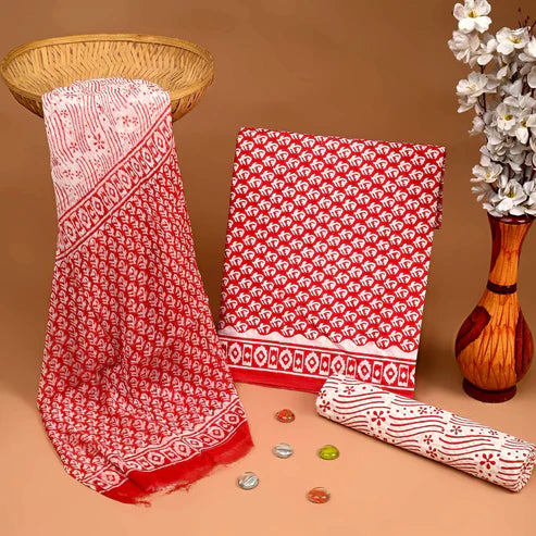 Pure Cotton Dress Material with Chiffon Dupatta 3pcs Red