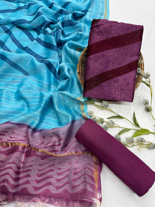 Turquoise Chanderi Silk Bagru Print 3pc Unstitched Dress Material – Handwoven Artisan Fabric