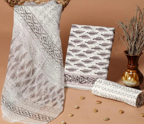 Pure Cotton Dress Material with Chiffon Dupatta 3pcs White leaf