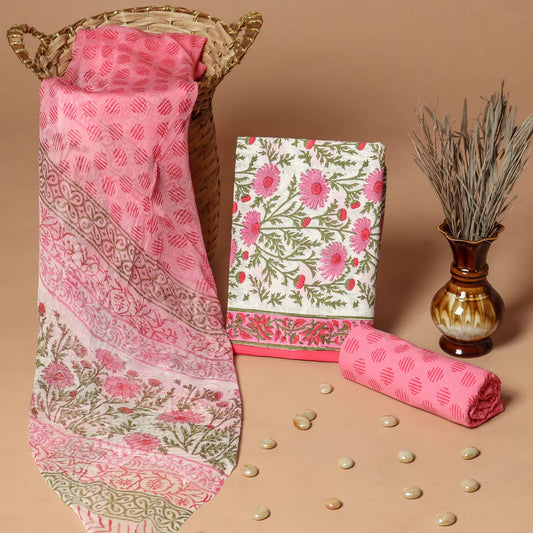 Pure Cotton Dress Material with Chiffon Dupatta 3pcs White and Pink