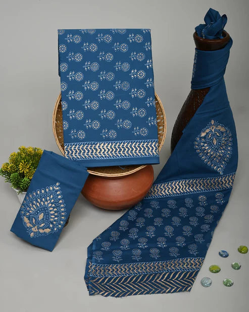 Pure Mulmul Cotton Dress Material 3pcs Blue Gold Butti