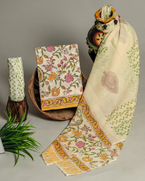 Pure Mulmul Cotton Dress Material 3pcs Yellowish cream