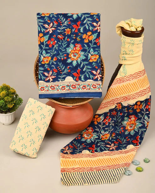 Pure Mulmul Cotton Dress Material 3pcs Dark Blue Floral