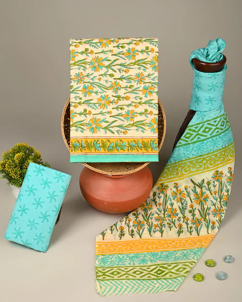 Pure Mulmul Cotton Dress Material 3pcs Green Blue