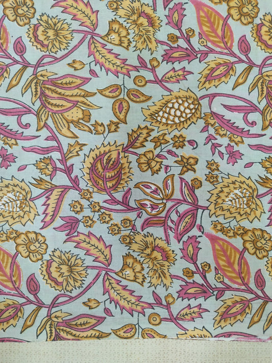 GREY FLORAL JAAL PATTERN HANDPRINTED COTTON FABRIC