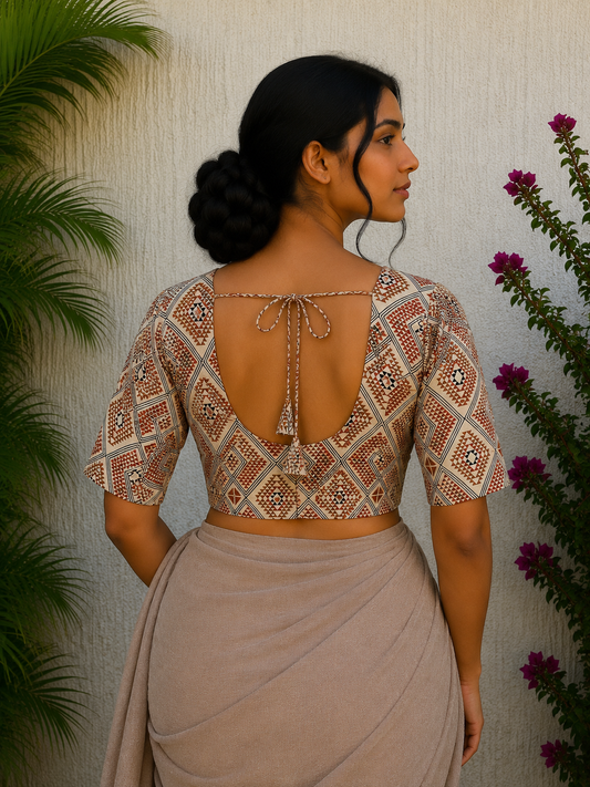 CREAM GEOMETRICAL AJRAKH PRINT READYMADE BLOUSE
