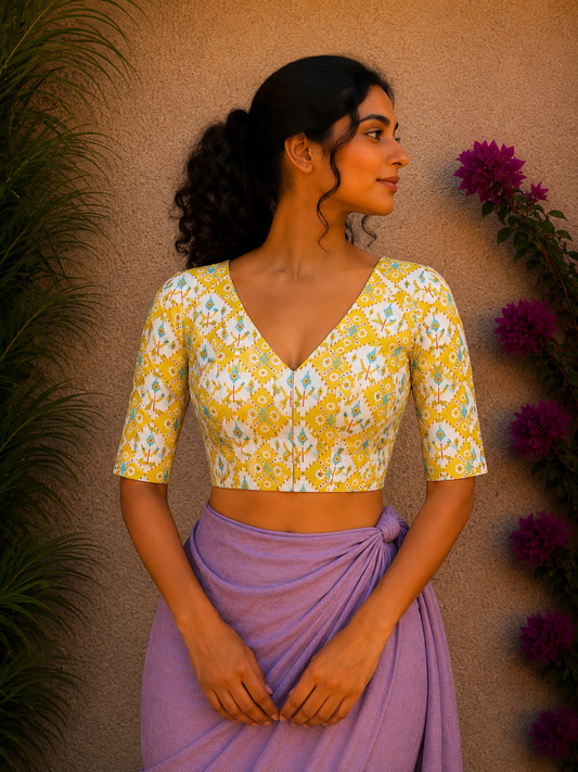 YELLOW SANGANERI PRINT READYMADE BLOUSE
