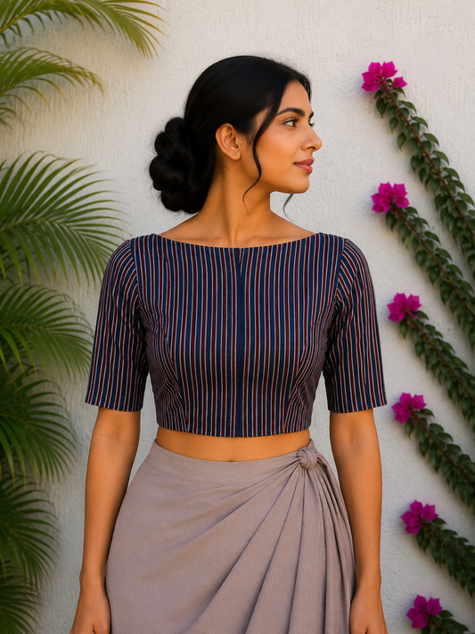 INDIGO MAROON STRIPES SILK READYMADE BLOUSE
