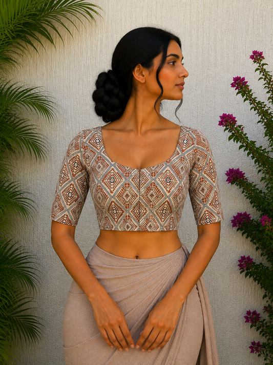 CREAM GEOMETRICAL AJRAKH PRINT READYMADE BLOUSE