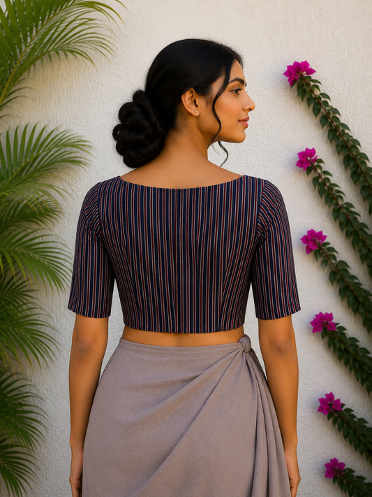 INDIGO MAROON STRIPES SILK READYMADE BLOUSE