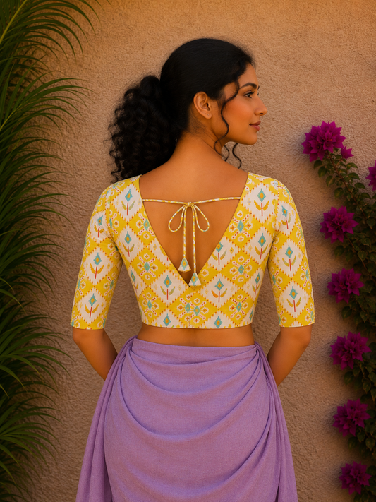 YELLOW SANGANERI PRINT READYMADE BLOUSE