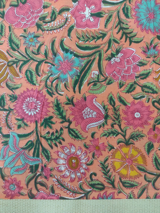 PEACH VIBRANT JAAL PATTERN HANDPRINTED COTTON FABRIC