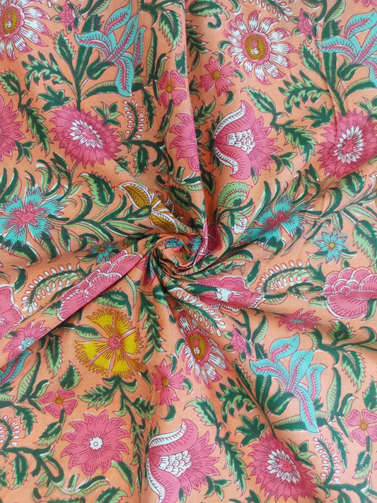 PEACH VIBRANT JAAL PATTERN HANDPRINTED COTTON FABRIC
