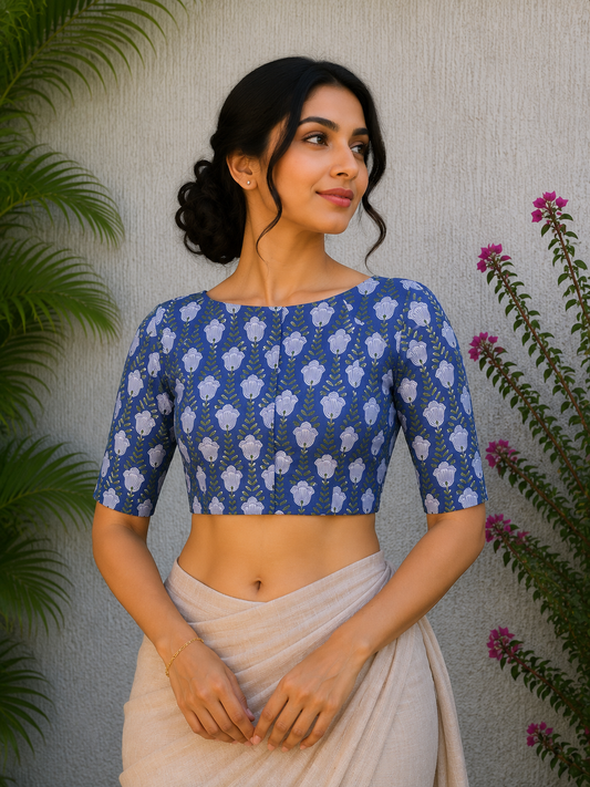 INDIGO SANGANERI HANDBLOCK PRINTED READYMADE BLOUSE