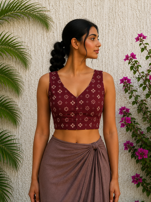 RUST MAROON BANDHINI PRINTED READYMADE BLOUSE