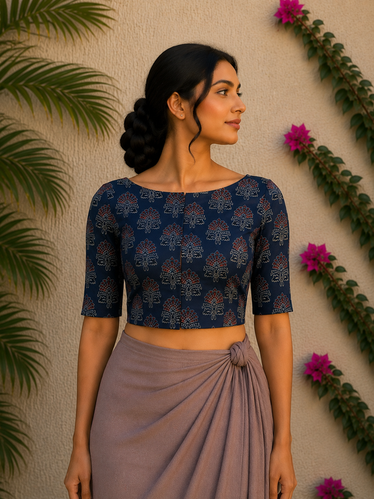 INDIGO FLORAL PETAL SILK READYMADE BLOUSE
