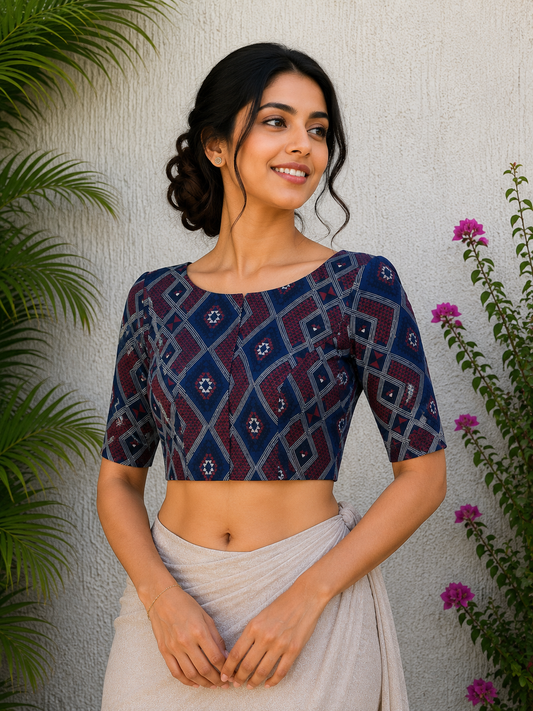 INDIGO AJRAKH PRINT READYMADE BLOUSE