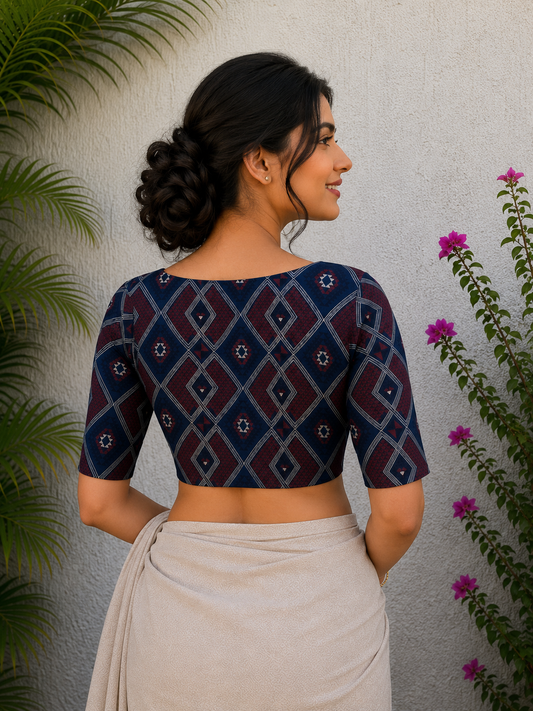 INDIGO AJRAKH PRINT READYMADE BLOUSE