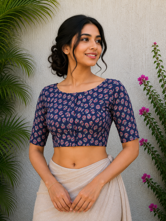 INDIGO HANDBLOCK PRINTED READYMADE BLOUSE