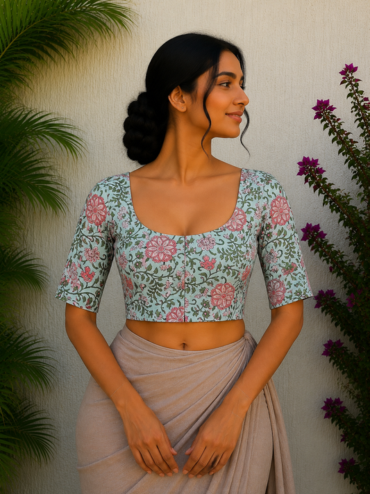 SEA GREEN FLORALSANGANERI PRINT READYMADE BLOUSE