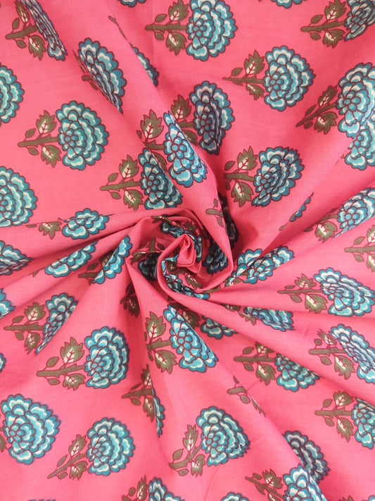 PINK FLOWER BUTTI HANDPRINTED COTTON FABRIC