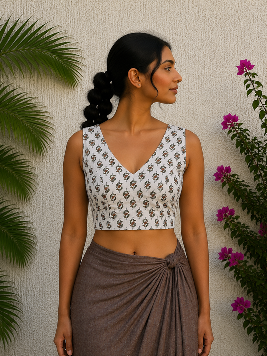 WHITE HANDBLOCK PRINTED READYMADE BLOUSE