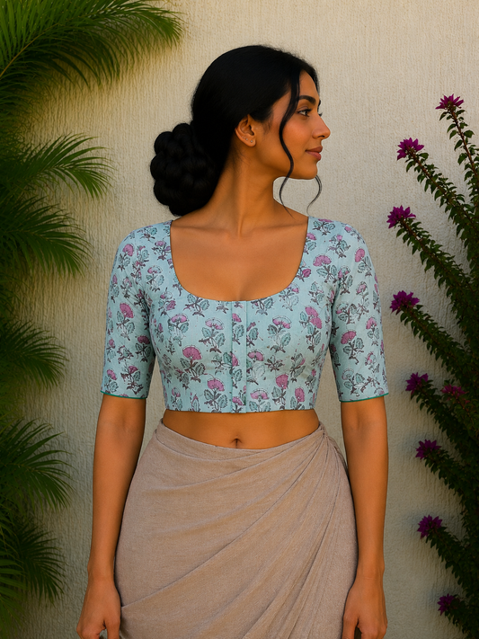 SEA GREEN FLORAL SANGANERI PRINT READYMADE BLOUSE
