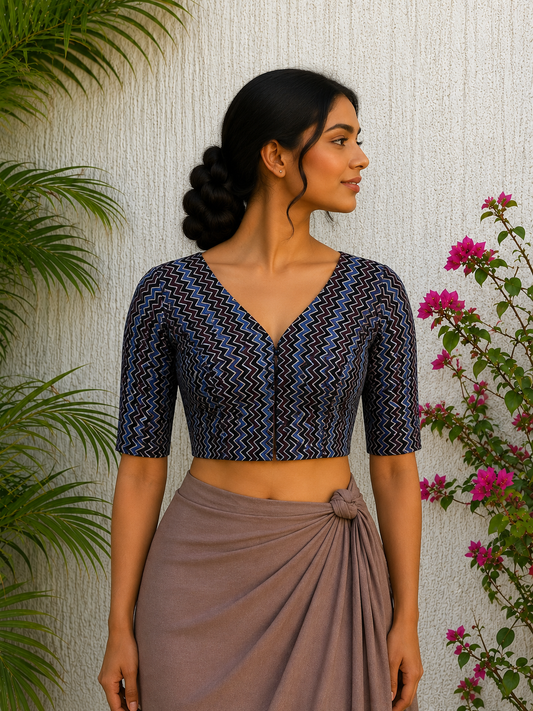 ZIG ZAG INDIGO MAROON SILK READYMADE BLOUSE