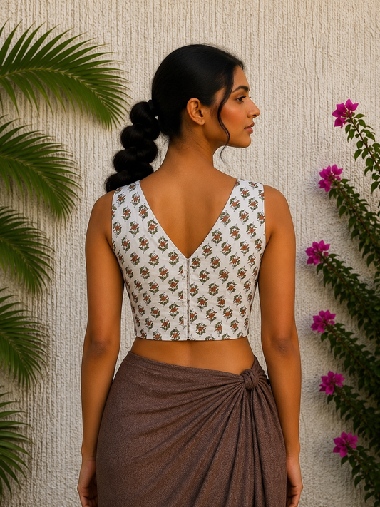 WHITE HANDBLOCK PRINTED READYMADE BLOUSE