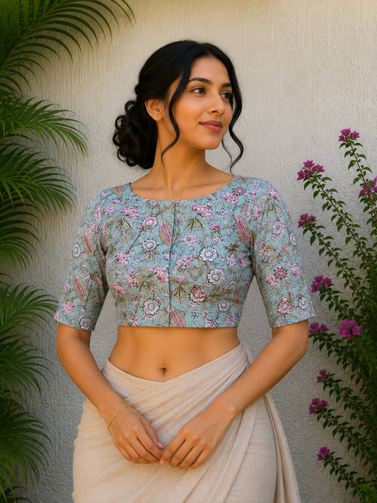 SEA GREEN SANGANERI FLORAL JAAL READYMADE BLOUSE