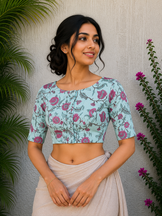 SEA GREEN FLORAL JAAL READYMADE BLOUSE