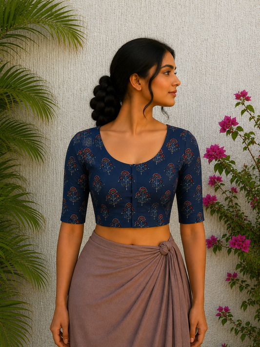 INDIGO FLORAL BUTTA SILK READYMADE BLOUSE
