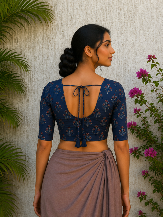 INDIGO FLORAL BUTTA SILK READYMADE BLOUSE